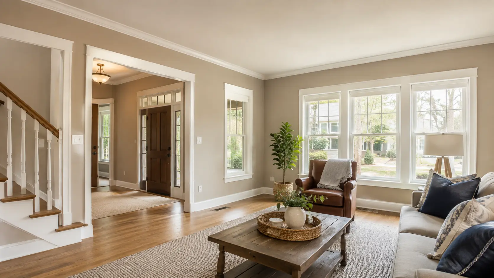 Example of a bright residential interior with freshly painted walls and trim